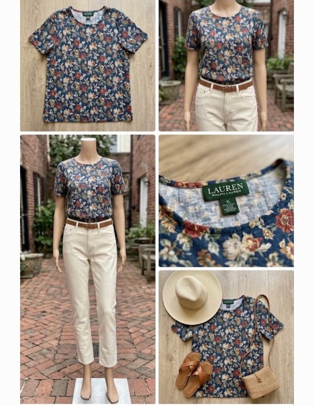 Lauren Ralph Lauren Blue Floral Linen Shirt Size XL Cottagecore Relaxed Fit